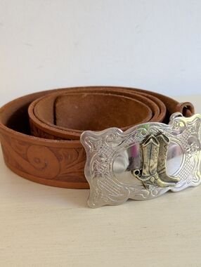 Vintage Tooled Brown Leather Western Belt with Silver Cowboy Boot Buckle